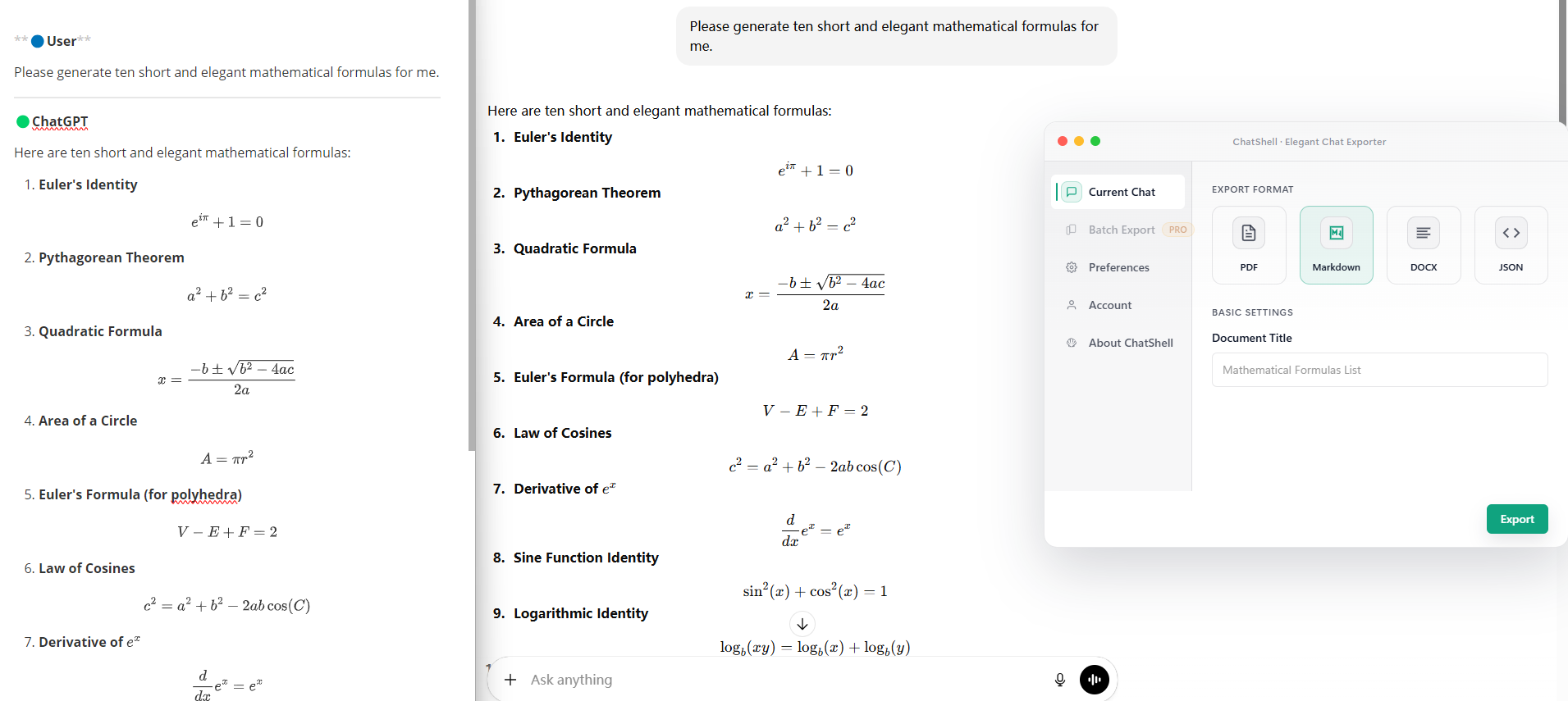 ChatShell exporting mathematical formulas from ChatGPT conversation
